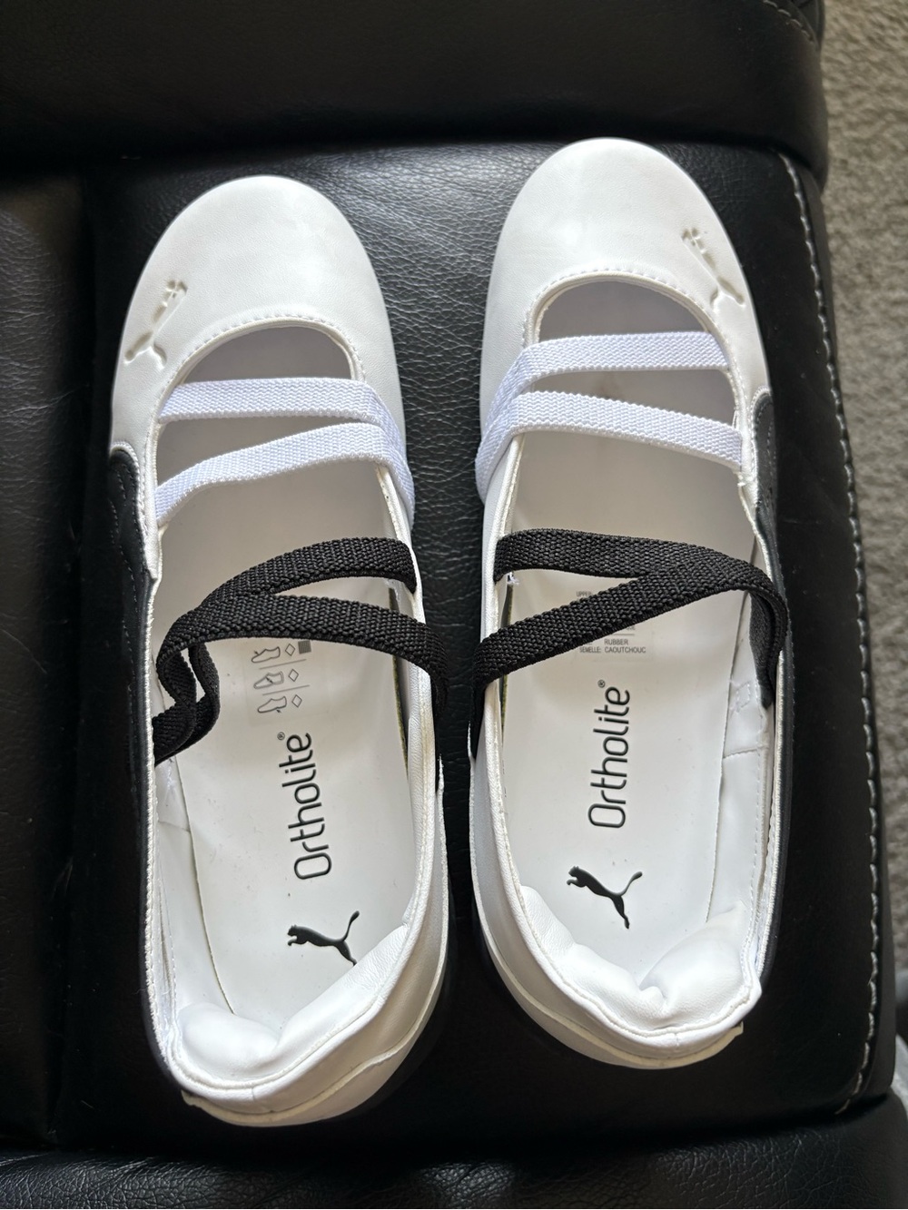 Puma White Ballet Flats with Black and White Straps